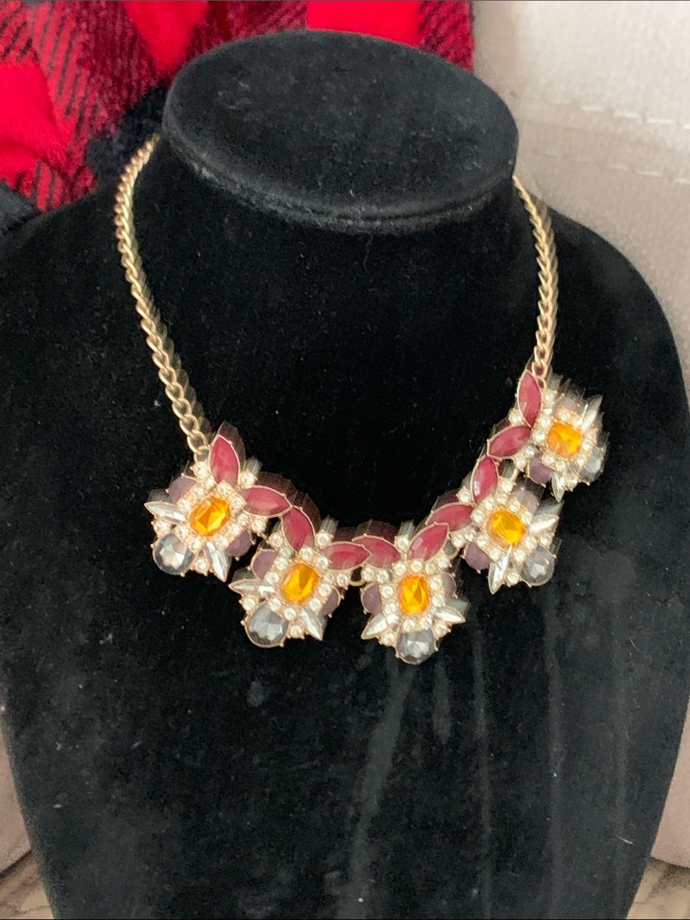 NWOT Macy's Gold-Tone Floral Statement Necklace with Yellow and Burgundy Accents
